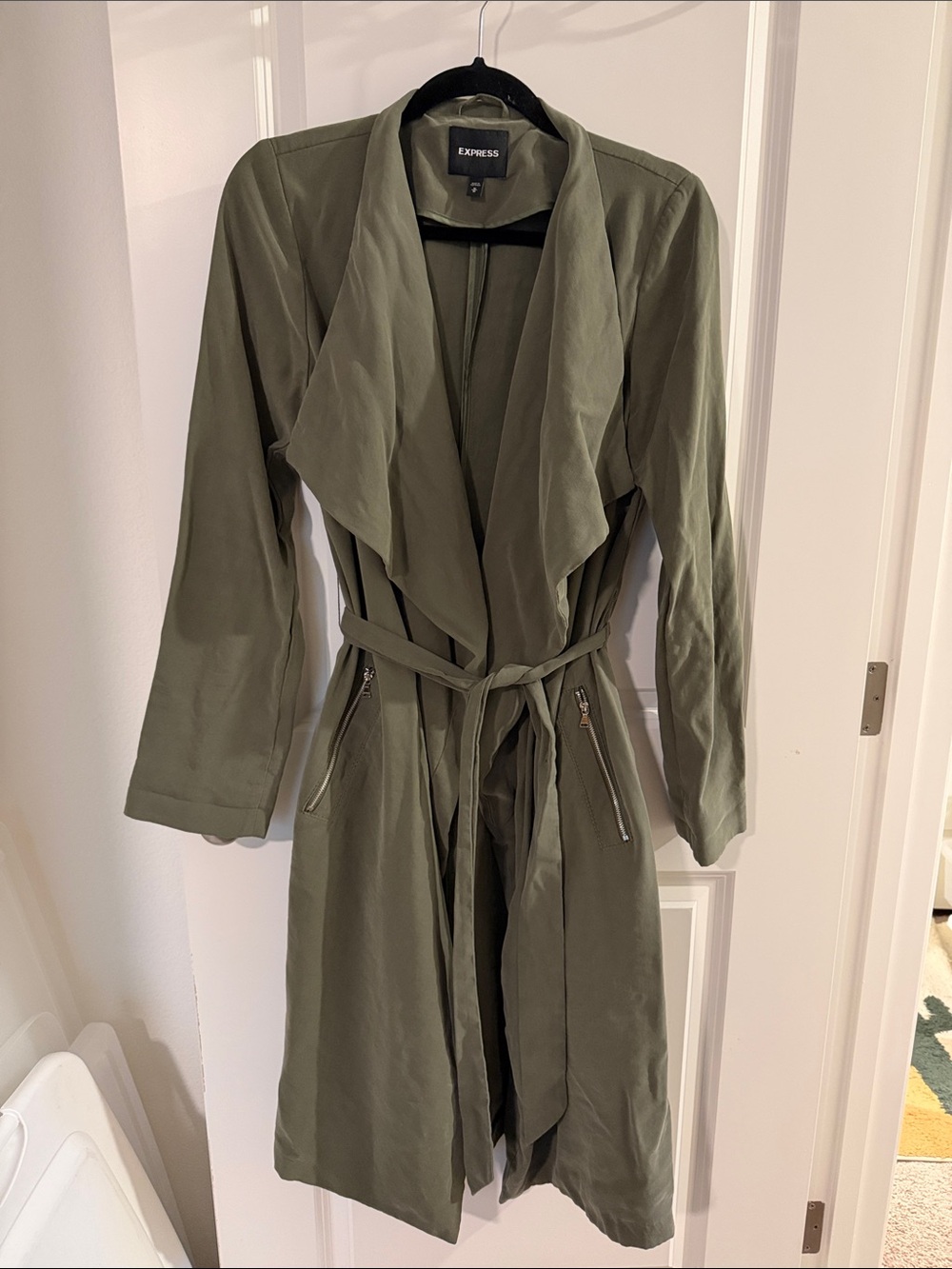 Express Olive Green Draped Belted Trench Coat with Tie Belt